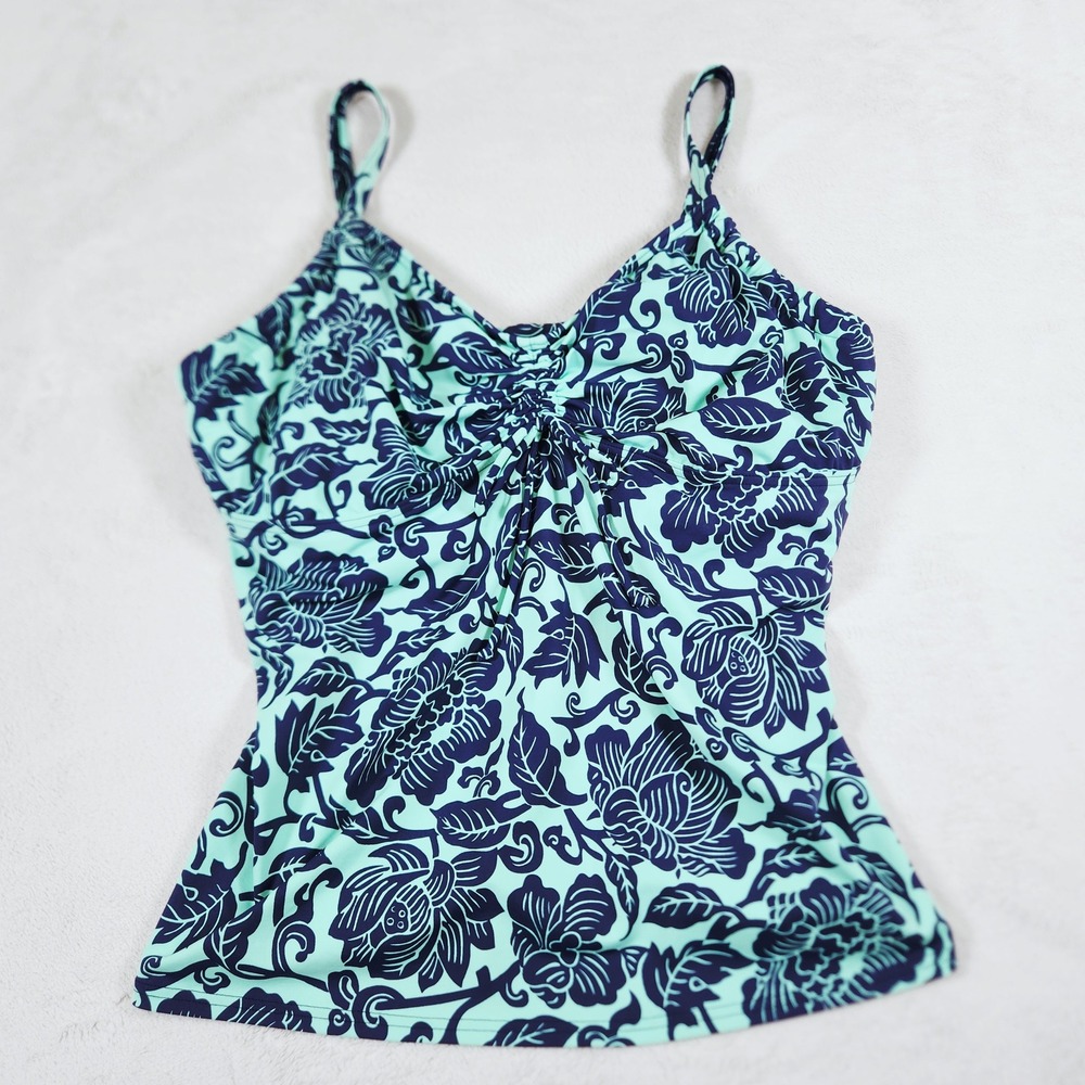 Lands End Tankini Swim Top Womens 18 DD Mint Navy Floral Underwire Ruched